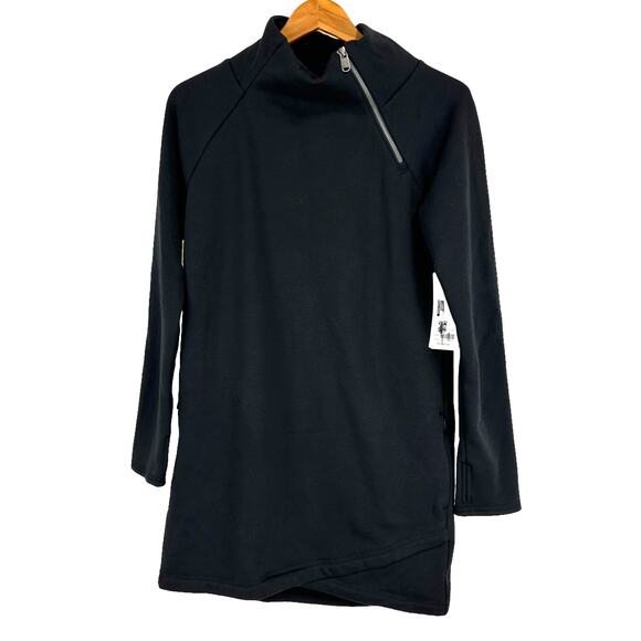Athleta NWT Cozy Karma Asymmetric Sweatshirt Dress Black Size XS Zip Cowl Neck - Picture 3 of 11